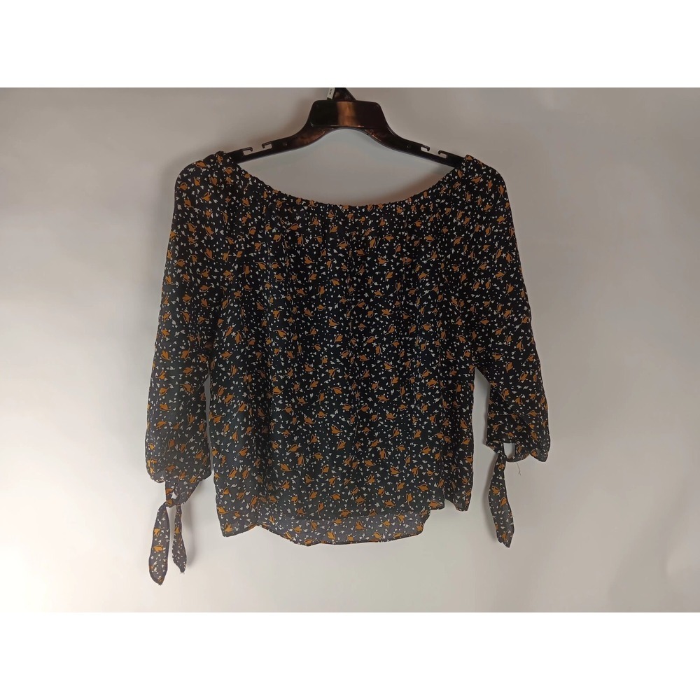 Madewell Womens Top Black Leaf Silk 3/4 Sleeve Off The Shoulder Blouse Size S - Picture 2 of 10